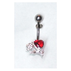 SNP1046 sølv navle piercing med rød hjerte og rose