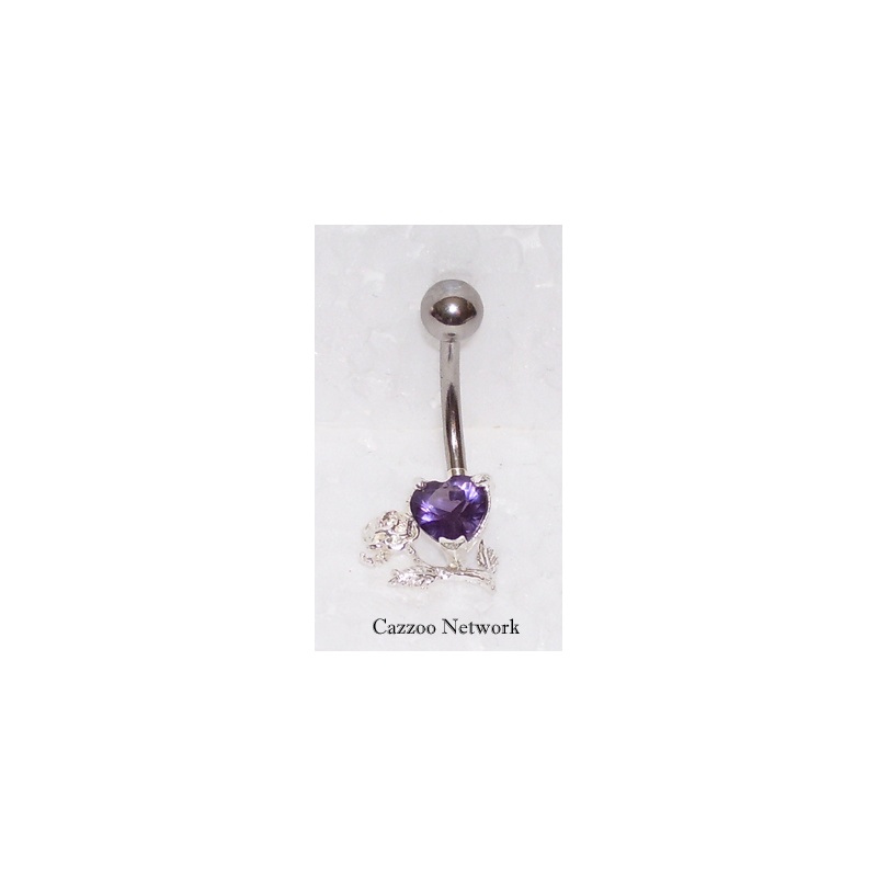 SNP109 sølv navle piercing med lilla hjerte og rose
